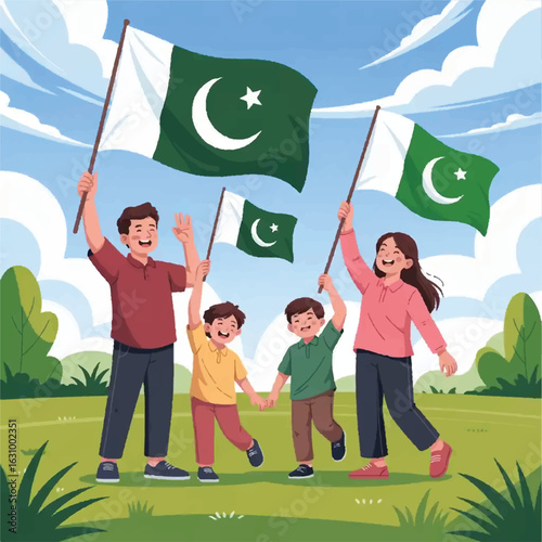 Illustration of a Family Raising Pakistan Flags Outdoors on 14th August with Joyful Expressions and Sky Background