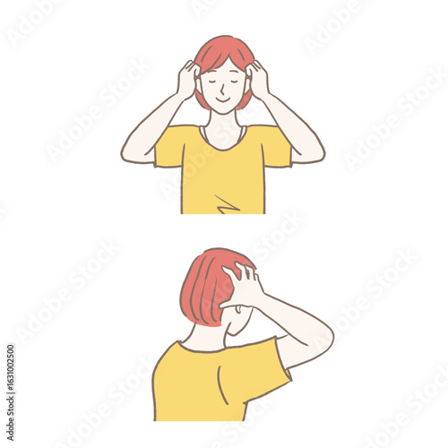 ヘッドマッサージをする女性の手描きイラスト