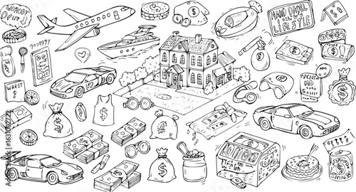 Hand-Drawn Luxury Lifestyle Doodle: Wealth, Success  Opulence