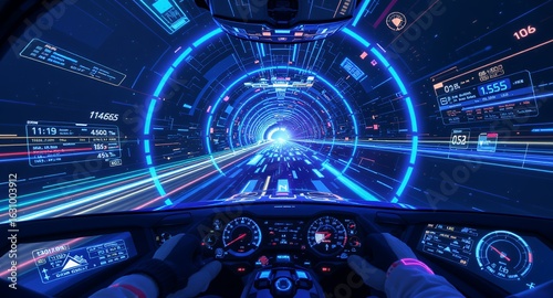 Futuristic Car Interior with HUD and Speeding Through Tunnel