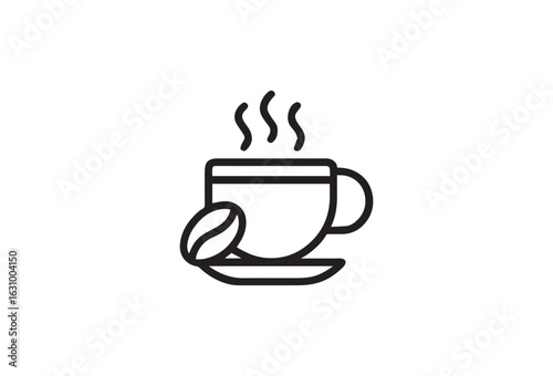 Simple line art of a hot coffee cup with steam and coffee bean