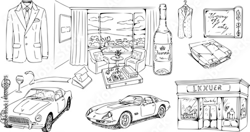Luxury Dreams: A Stylish Sketch of High-End Living - Cars, Fashion, Wine, and City Views