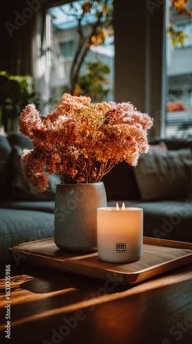 Warm toned living room scene featuring a lit candle, dried flowers in a textured vase, and a wooden tray. Soft lighting creates a cozy atmosphere.