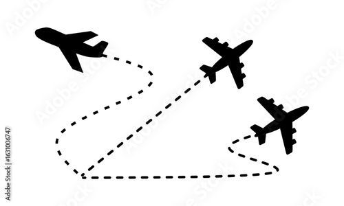 A set of three black airplane icons showing flight paths with a dashed line. Represents travel, routes, and air transportation.