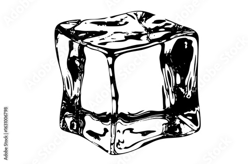 Vector Detailed of a melting ice cube with reflective surfaces.