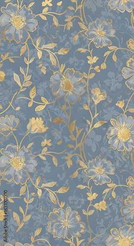 Delicate botanical pattern featuring stylized blooms and leaves in muted blue and gold hues
