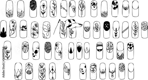 Collection of diverse hand-drawn black and white nail art designs, featuring various floral, botanical, abstract, and geometric patterns for manicure inspiration.