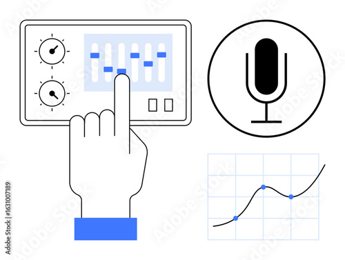 Hand interacting with sound controls, microphone icon, and curved line analytics chart. Ideal for audio production, sound engineering, podcasting, data analysis, music, technology simple landing