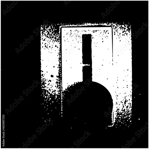 Vector Elegant bottle silhouette within a textured rectangular frame.