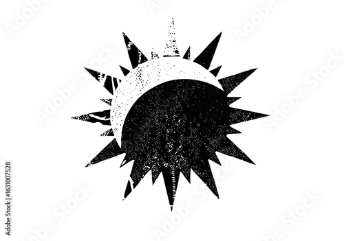 Vector Dramatic eclipse features a dark orb partially obscuring a radiant sun.