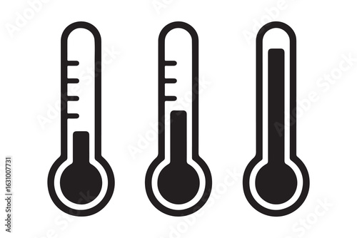 Three black thermometer icons showing different temperature levels isolated on white background