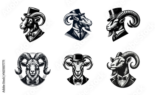 Goat Head Portraits in Top Hats and Formal Attire