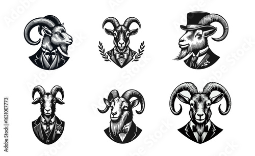 Goat Character Illustration Set in Formal Suits, Black and White