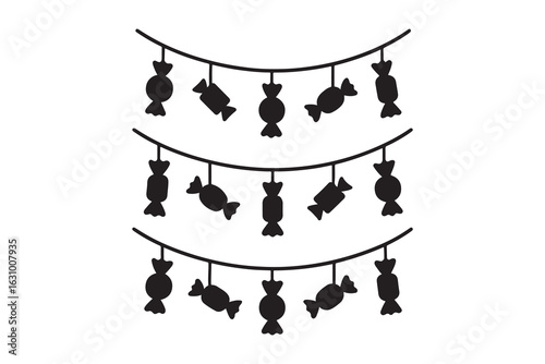 Black candy ornaments on strings white