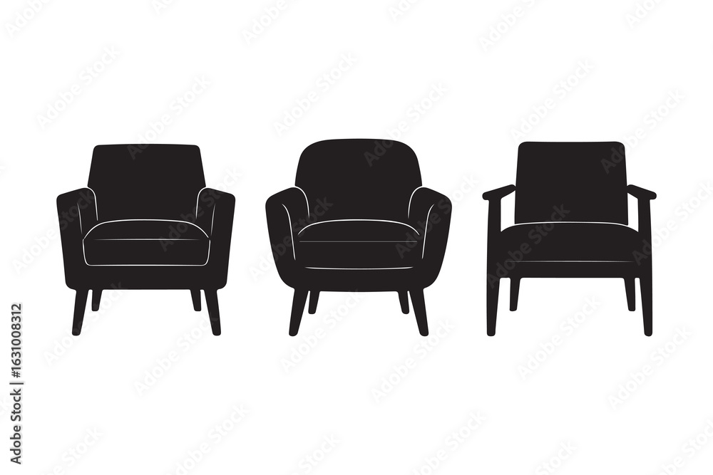 Collection of black armchair icons representing different furniture styles
