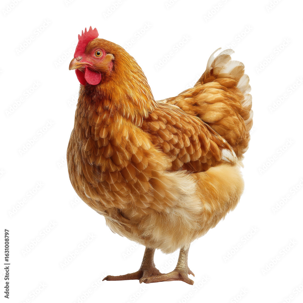 Fototapeta premium brown hen stands proudly, showcasing its vibrant feathers and distinctive comb. This captures essence of farm life and beauty of poultry