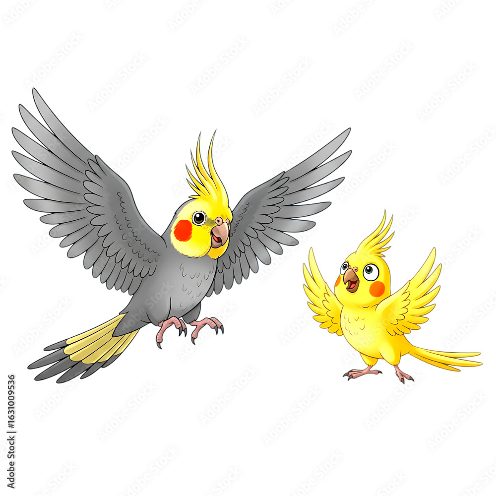 Fototapeta premium 3d Two colorful cockatiels flying together isolated on transparent background