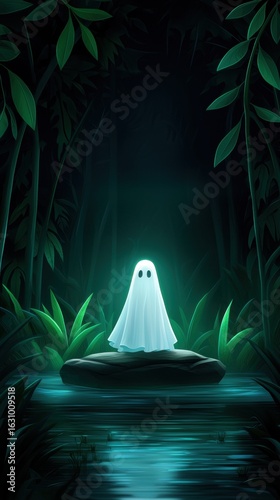 Whimsical ghost in a mystical jungle setting