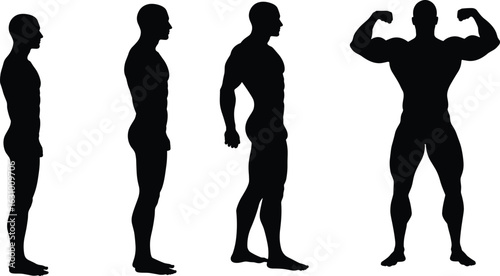 Male body silhouette evolution stages, muscular man flexing arms, standing poses of male figure, black vector illustration, anatomy concept