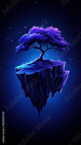 Ethereal floating tree in a cosmic night sky