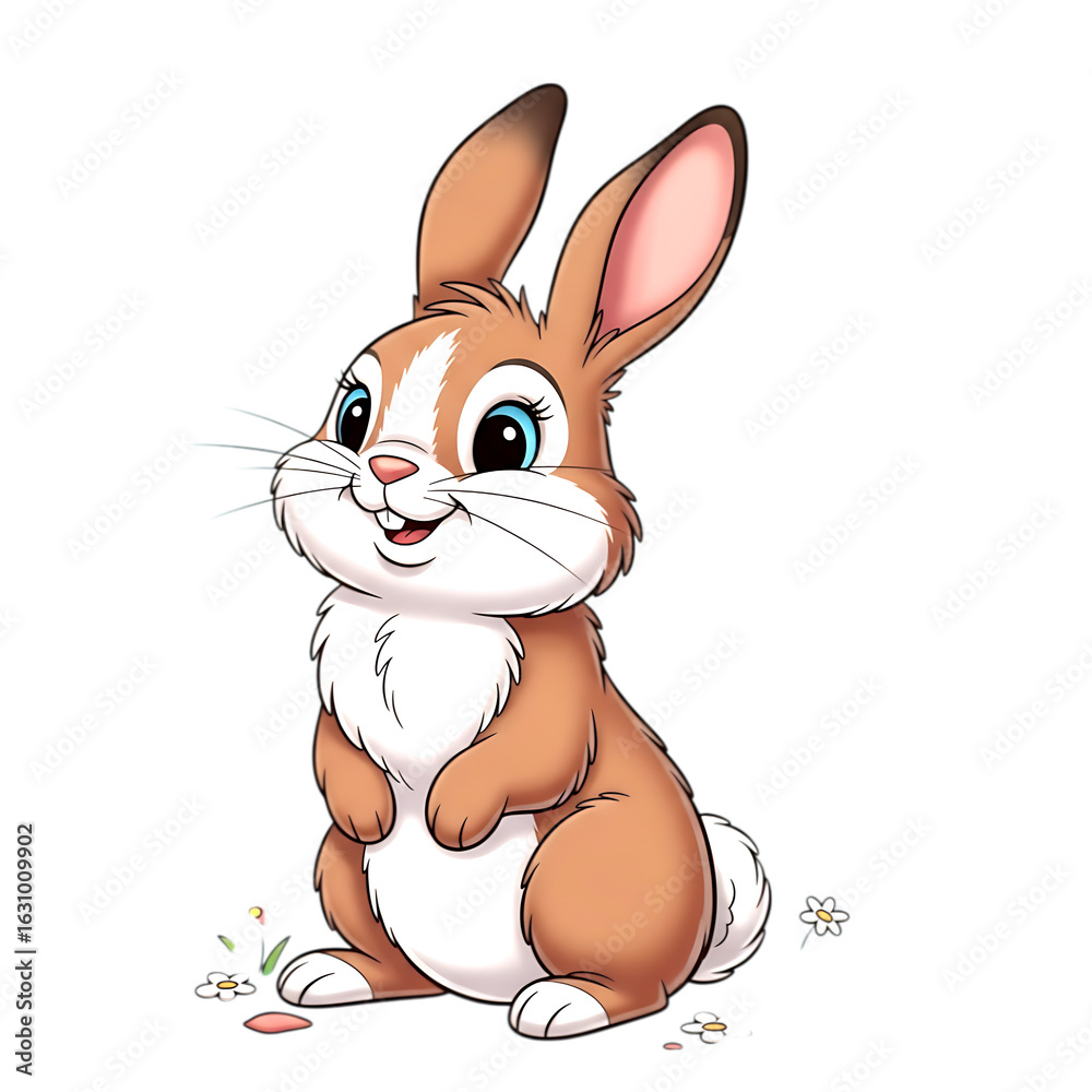 Fototapeta premium 3d Cute cartoon brown bunny rabbit sitting and smiling isolated on transparent background