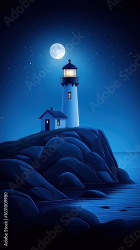 Serene lighthouse under a starry night sky