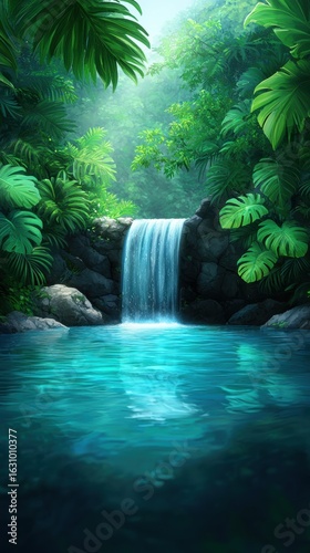 Serene waterfall in a lush tropical rainforest