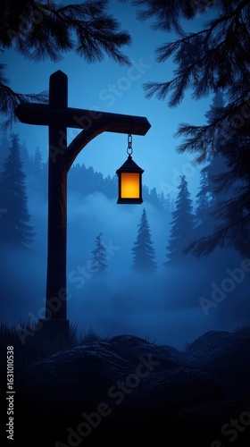 Mysterious lantern illuminating a foggy forest at dusk