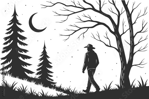 Lone figure walks through a forest under a crescent moon
