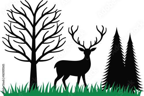 Silhouette of a majestic stag with antlers standing in a forest clearing with trees and grass