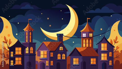 Enchanting nighttime cityscape with a large crescent moon casting a warm glow on houses and towers