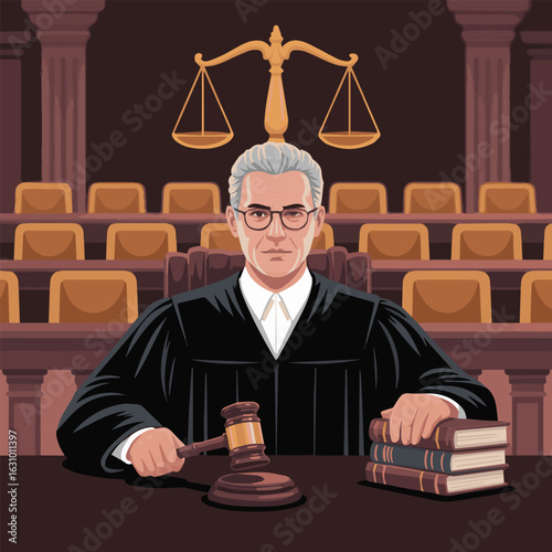 Illustration of a judge in a courtroom with a gavel books and scales of justice overhead in the scene