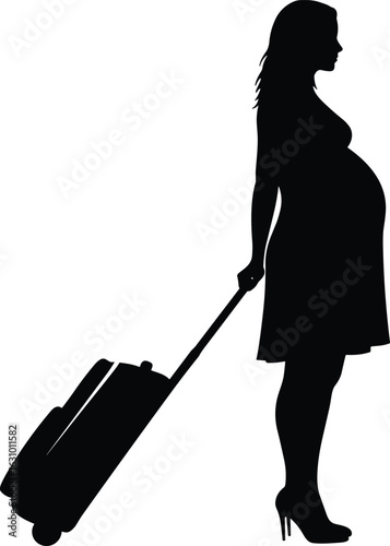 Silhouette of pregnant woman pulling suitcase, travel concept, maternity journey, expecting mother, black isolated figure, luggage, pregnancy travel, white background