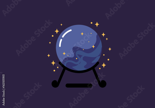 Flat design illustration of a sparkling magic crystal ball on a stand. A mystical concept of fortune telling and supernatural prediction.