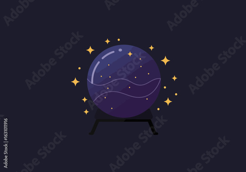 A magical crystal ball on a stand, glowing with cosmic stars for fortune telling and future prediction. An esoteric divination orb.