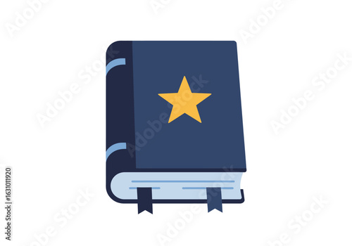 Blue fantasy spellbook with a gold star emblem on the cover. A magical grimoire or book of secrets, isolated vector illustration.