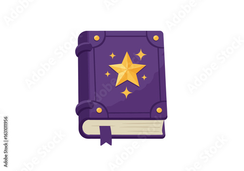 Mystical purple spellbook with a large golden star on the cover. A cartoon illustration of a fantasy grimoire for magic, spells, and enchantment.