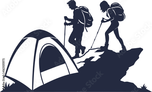 Silhouettes of two hikers with backpacks and trekking poles near a tent on a mountain landscape