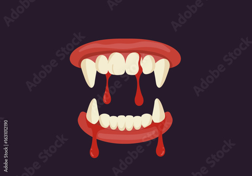 Vampire fangs with dripping blood, a conceptual illustration for Halloween. Minimalist horror graphic on a purple background.