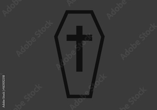 Collection of dark coffin icons with a cross. A minimalist set of casket silhouettes for funeral, death, and Halloween graphic design concepts.