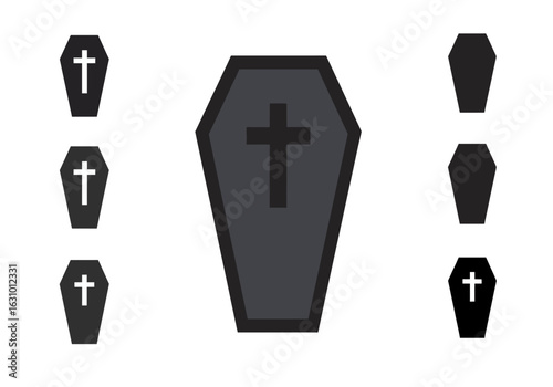 Flat design coffin icon set with Christian cross symbol for funeral and Halloween concepts. Vector illustration of death and burial symbols.