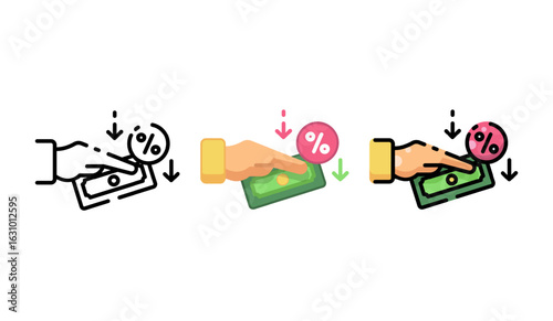 Hand gesture showing a reduction in money percentage, ideal for finance, budgeting, and down payment concepts.