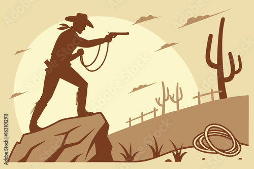 Silhouette of a cowboy aiming a pistol on a rocky outcrop with cacti and lasso