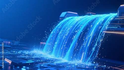 Digital Waterfall  Blue Light Streams Flowing Over Tech Structures
