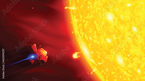 Sun and space ship. Futuristic space probe on a dangerous research mission flying close to the sun. The spacecraft is melting and burning from the extreme heat and radiation of a powerful solar storm