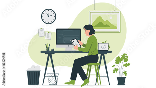 Woman working at a desk with computer tablet clock plant and trash can in a light green office space
