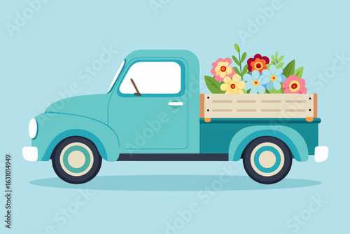 Charming vintage truck overflowing with fresh flowers delivering springtime joy and cheerfulness seamlessly scalable