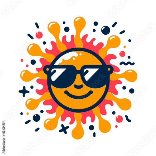 vector icon in a quirky cartoon style shows a smiling sun wearing sunglasses, with abstract shapes around it. This icon can be used on websites and blogs to represent summer, fun, vacation, or happy 