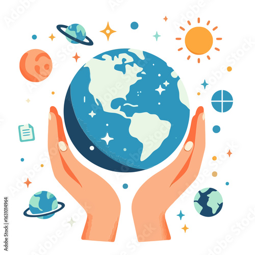 Hands cradling Earth, surrounded by planets and stars, symbolizing environmental protection and global care. Ideal for eco-friendly blogs, climate change articles, and world unity campaigns