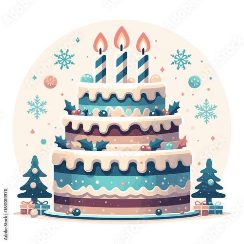 festive tiered cake with lit candles, snowflakes, and Christmas trees, perfect for holiday greeting cards, winter celebration blogs, birthday invitations, and seasonal dessert recipes